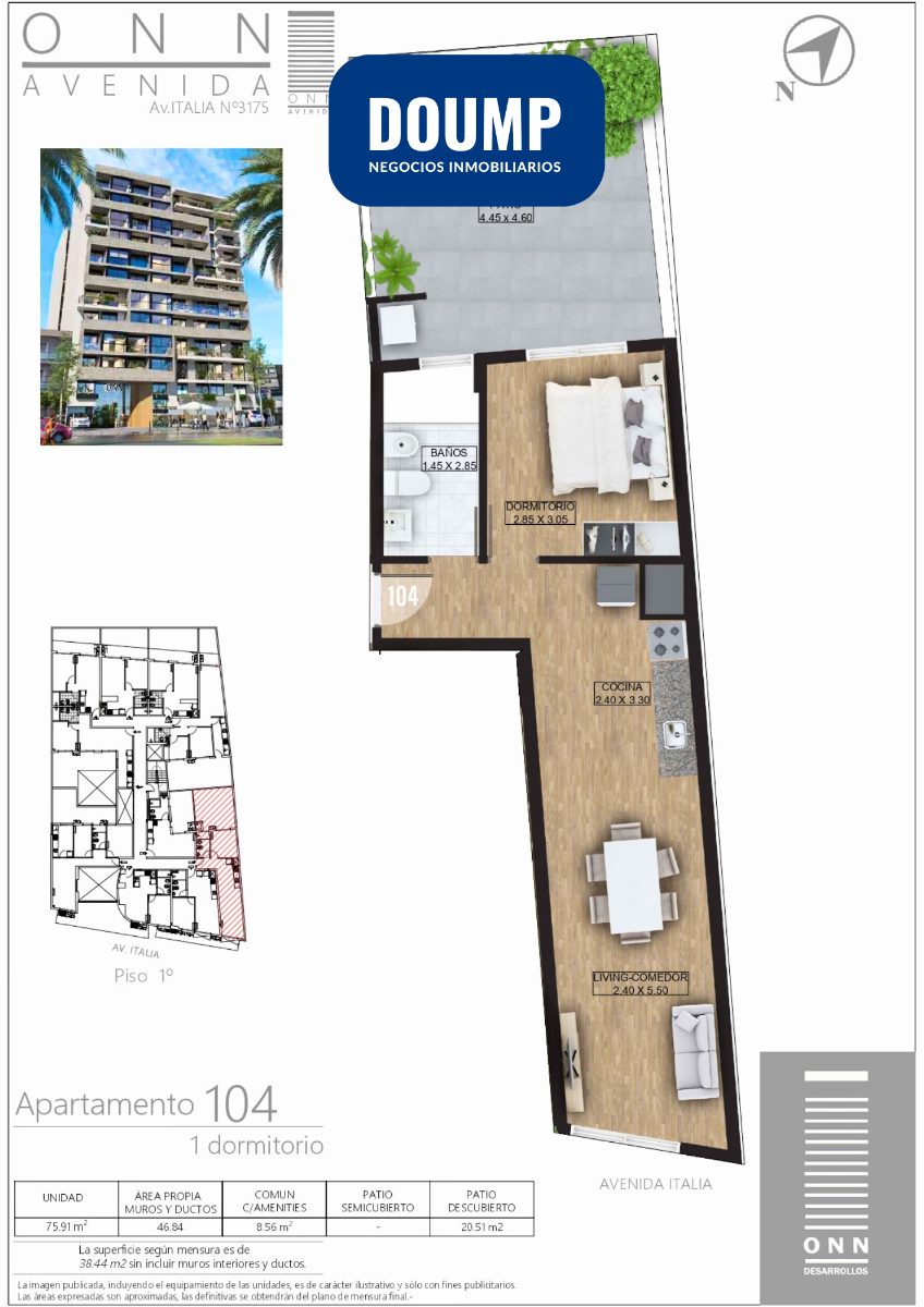 1 dormitorio con Patio al frente, Av. Italia y Av. Luis Alberto de Herrera
